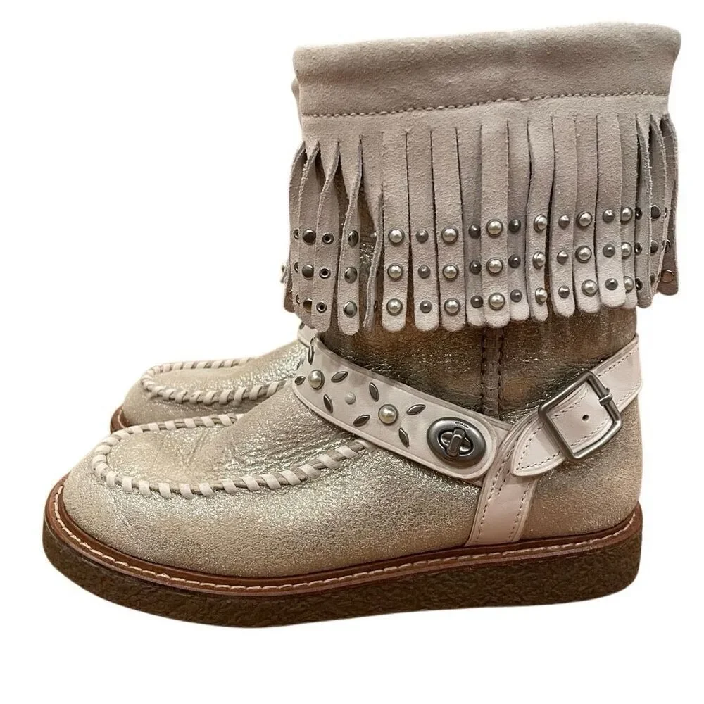 Coach Womens Roccasin Shearling Boots 6 B Fringe Studs Cowgirl Chic Apres Ski